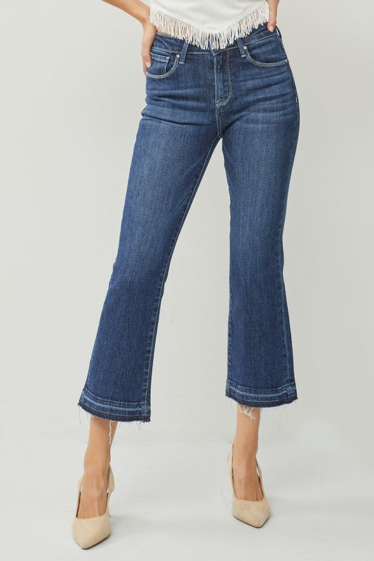 Dark Wash Mid Rise Crop Flare Denim