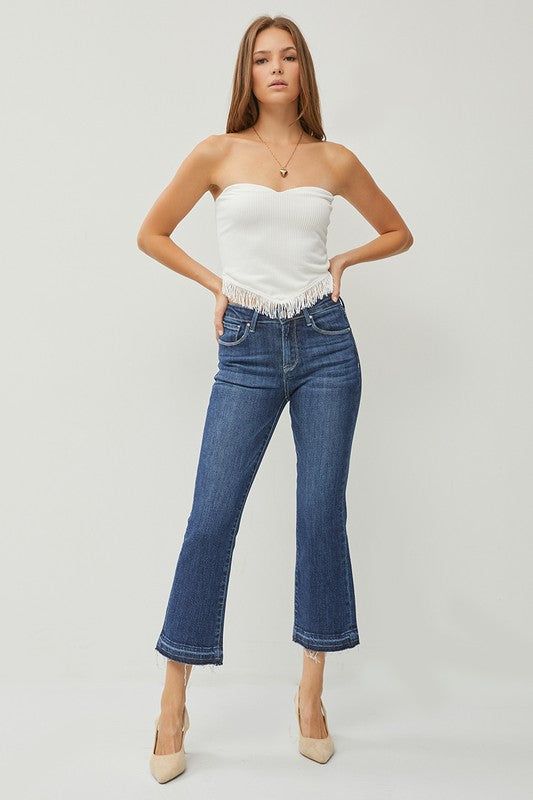 Dark Wash Mid Rise Crop Flare Denim