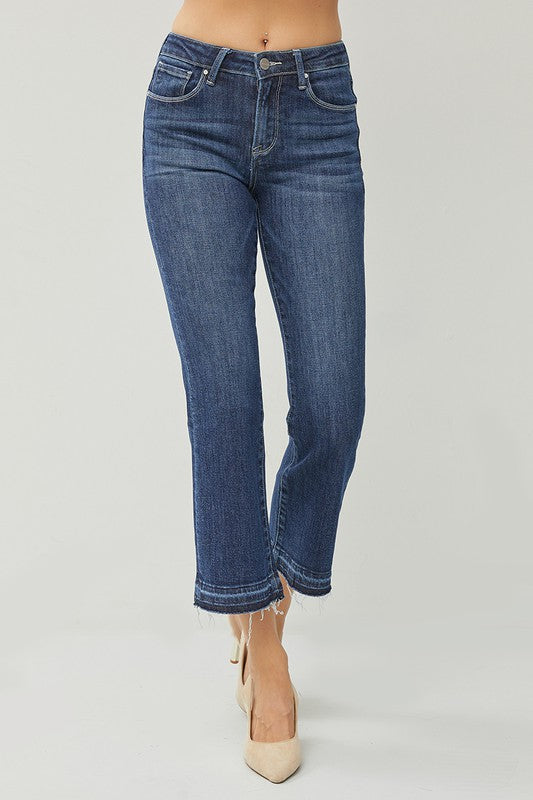 Dark Wash Mid Rise Crop Flare Denim