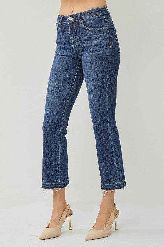 Dark Wash Mid Rise Crop Flare Denim