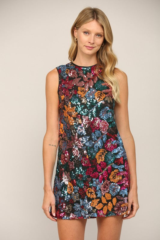 floral sequin dresses Floral-Sequin Short One-Sleeve Party Dress