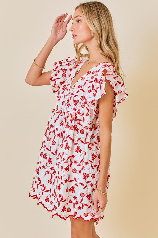Red Scalloped Floral Dress