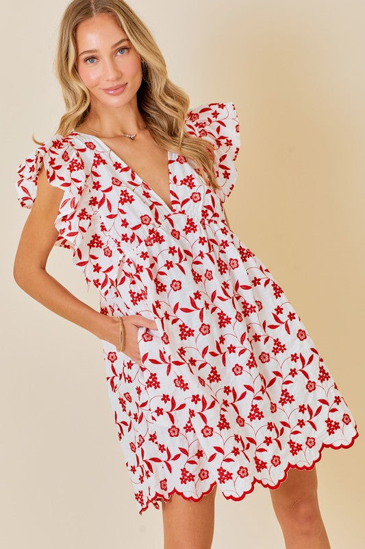 Red Scalloped Floral Dress