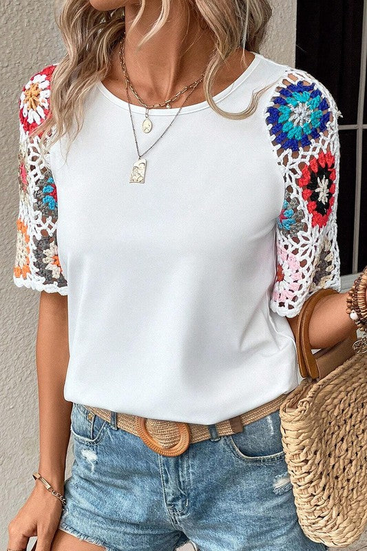 White Crochet Sleeve Top