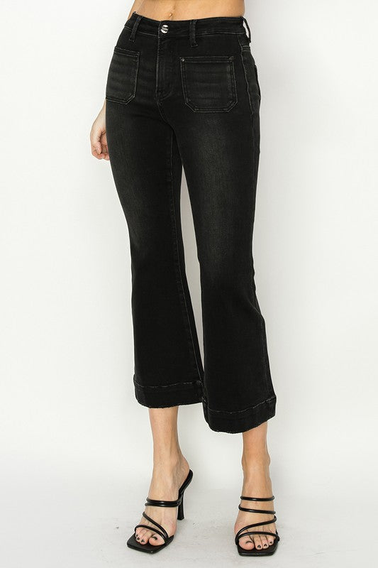 Black High Rise Patch Pocket Flare Jeans