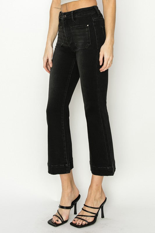 Black High Rise Patch Pocket Flare Jeans