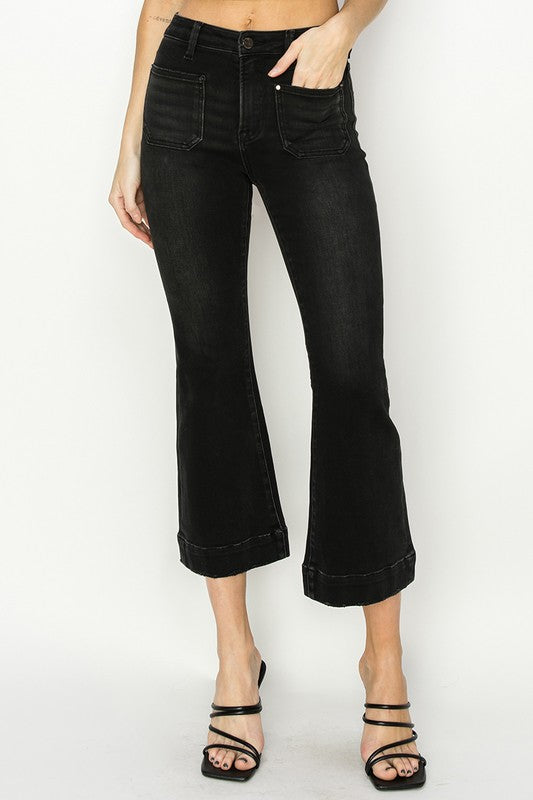 Black High Rise Patch Pocket Flare Jeans