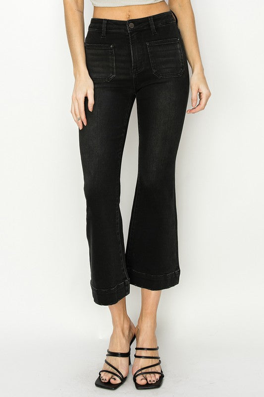 Black High Rise Patch Pocket Flare Jeans