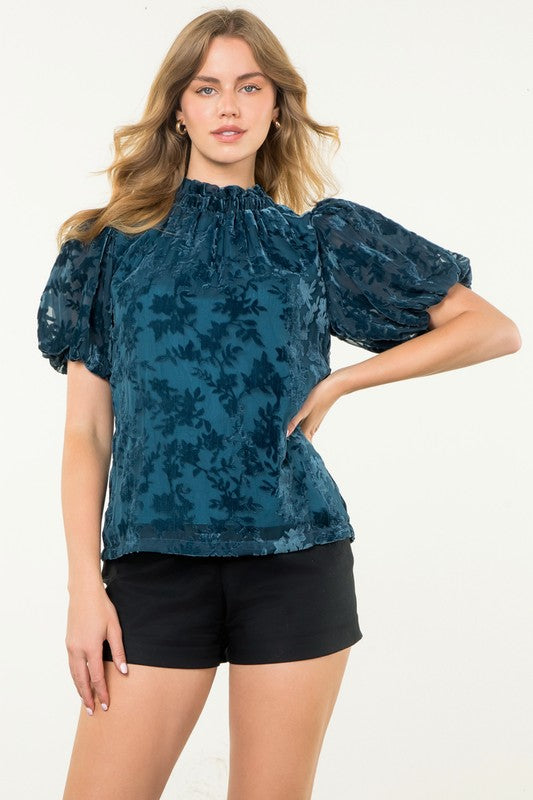 Floral Velvet Burnout Puff Sleeve Top