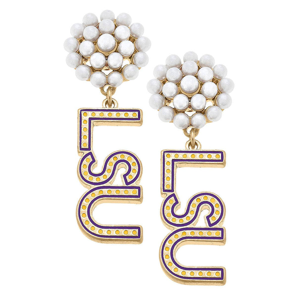 Collegiate Pearl Cluster Dotted Enamel Drop Earring