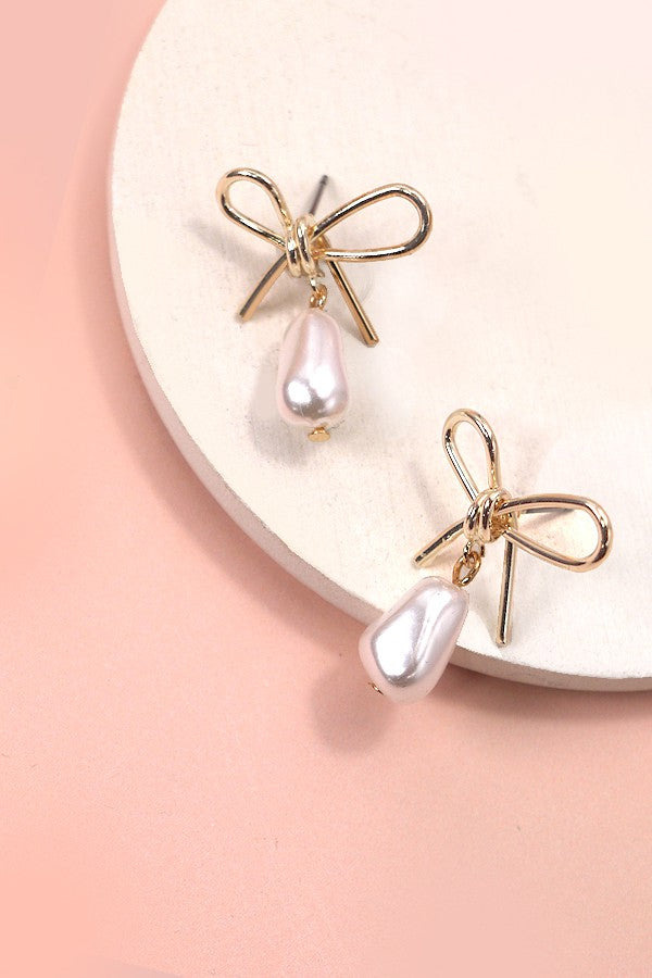 Pearl Dangle Bow Earrings