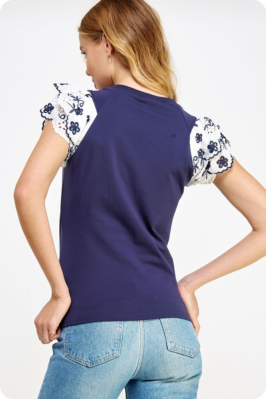 Navy Embroidered Flutter Sleeve Top