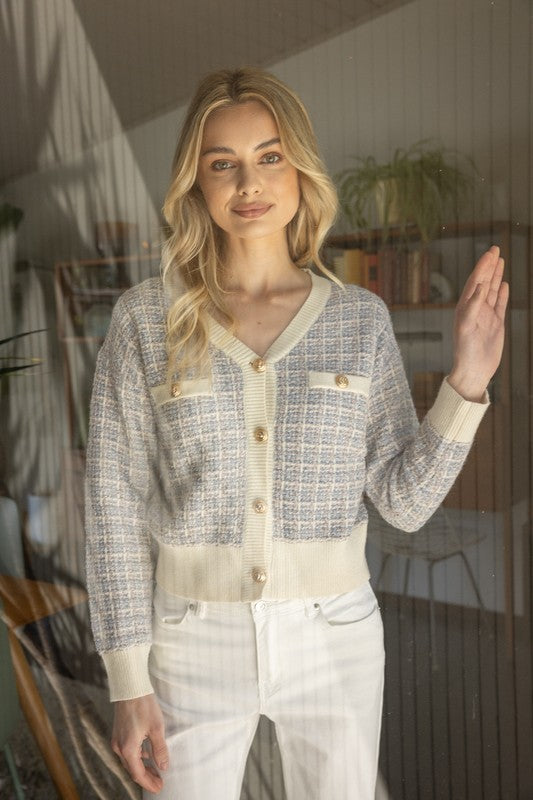 Ivory Tweed Gold Button Cardigan