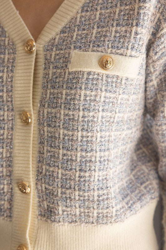 Ivory Tweed Gold Button Cardigan