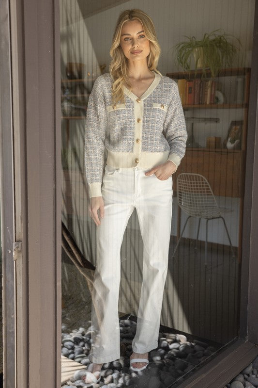 Ivory Tweed Gold Button Cardigan