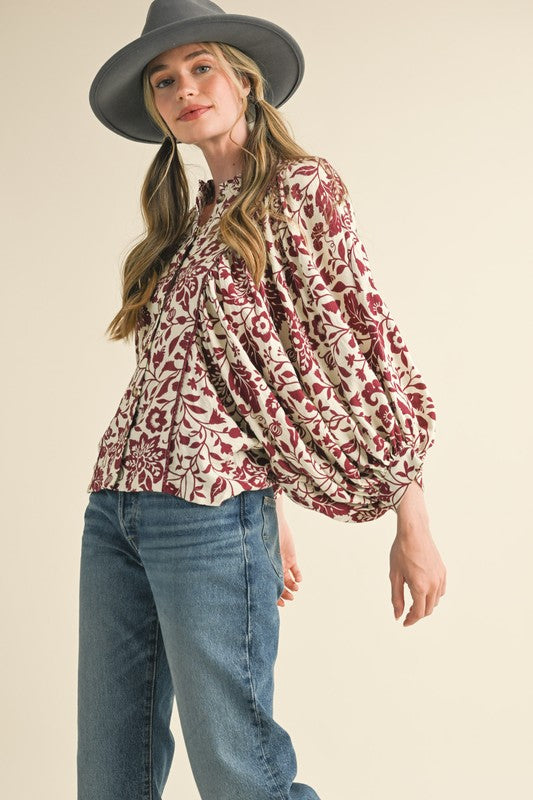 Maroon Floral Button Up Top