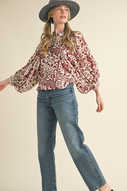 Maroon Floral Button Up Top