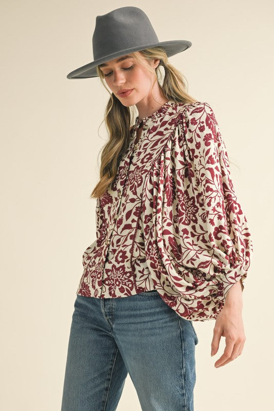 Maroon Floral Button Up Top