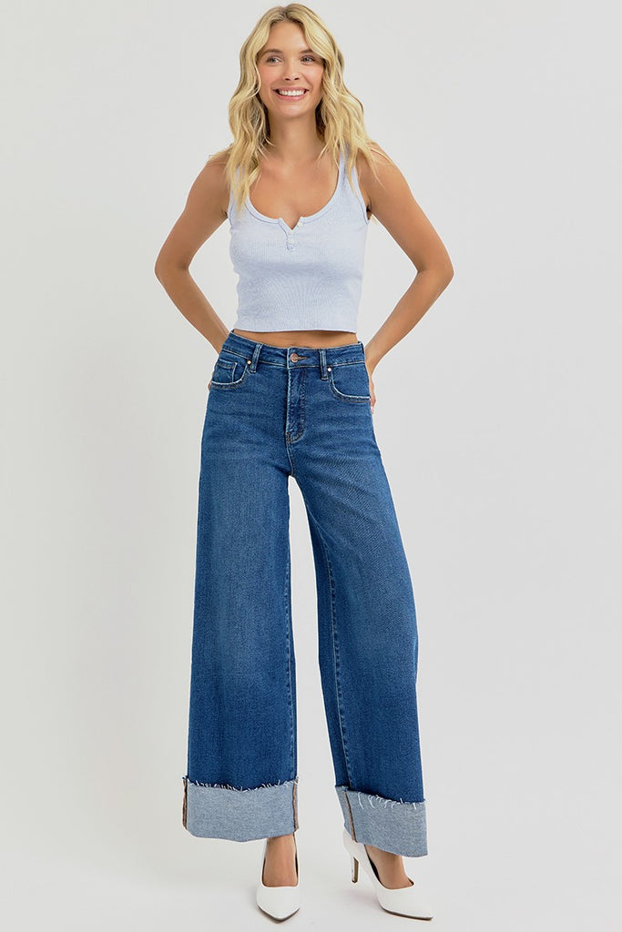 High Rise Crop Wide Cuffed Jeans