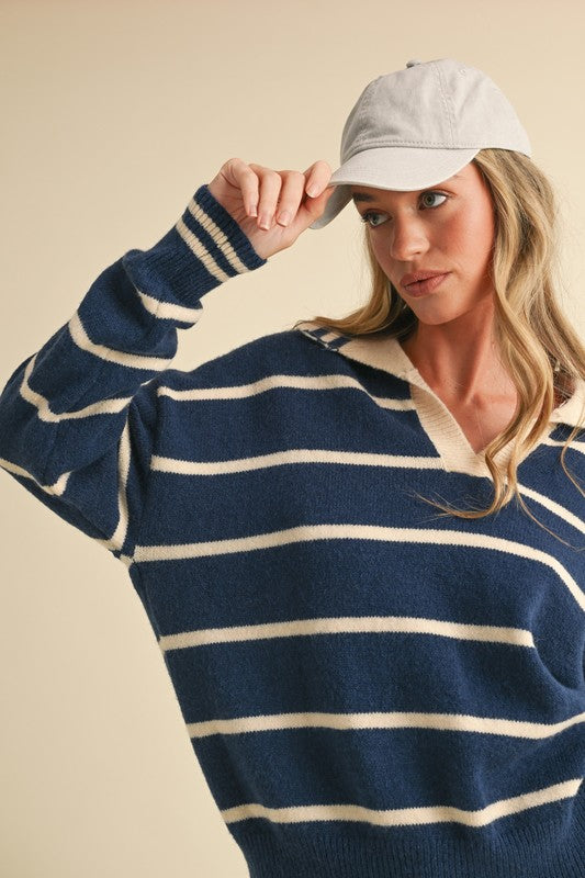 Navy & White Collared Sweater