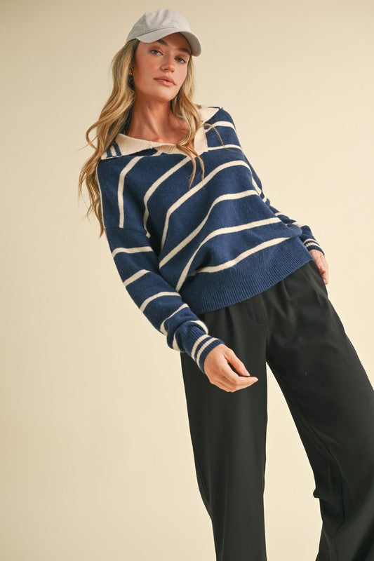 Navy & White Collared Sweater