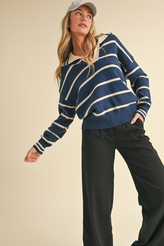 Navy & White Collared Sweater