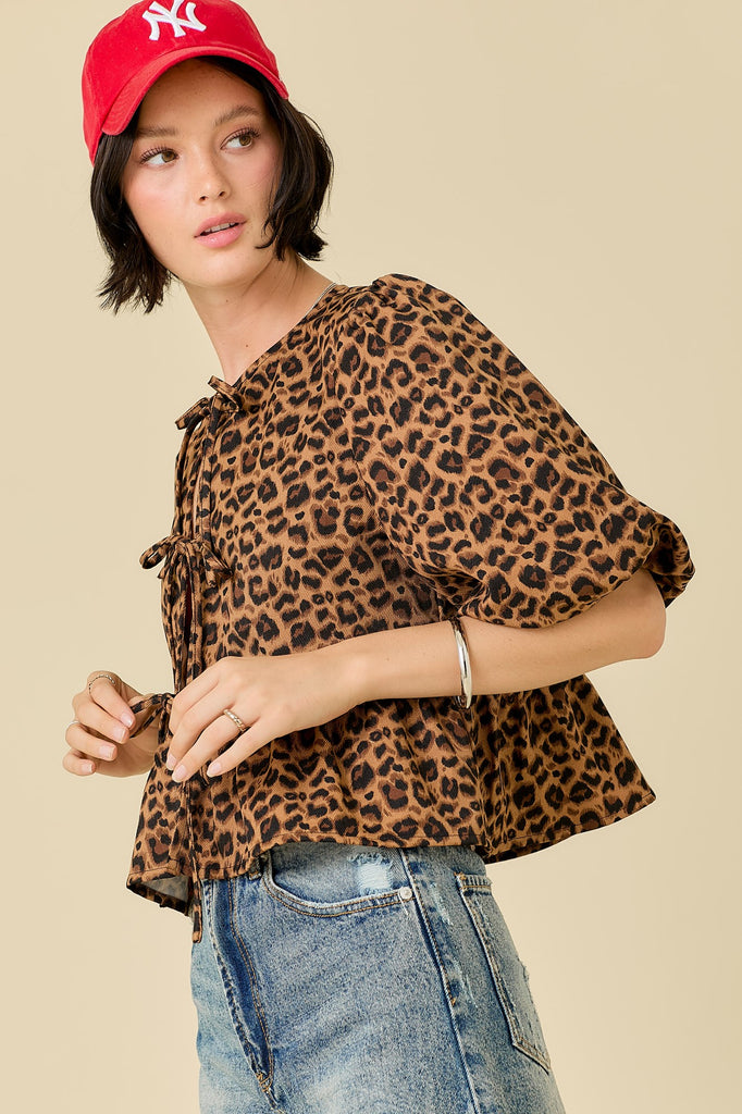 Leopard Tie Front Top