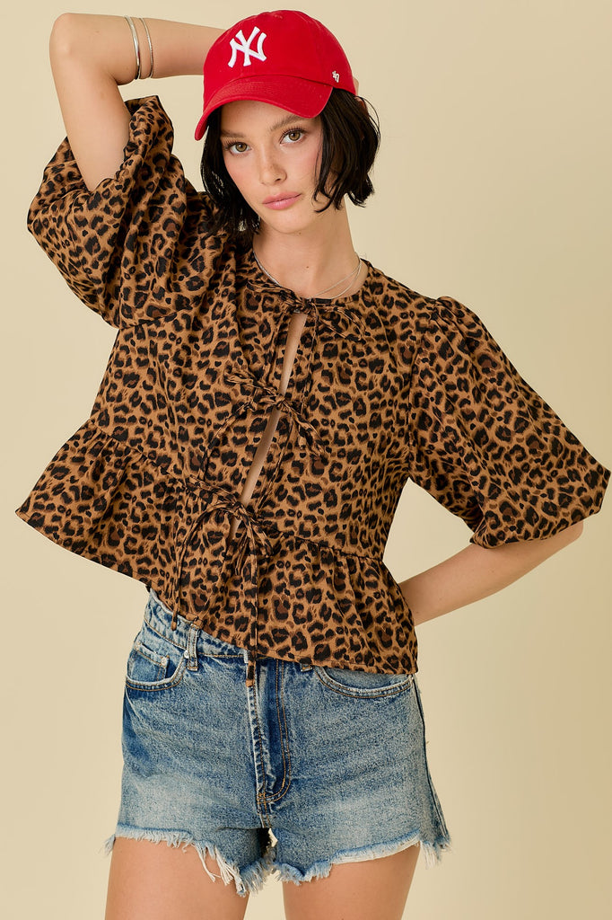 Leopard Tie Front Top