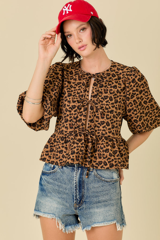 Leopard Tie Front Top