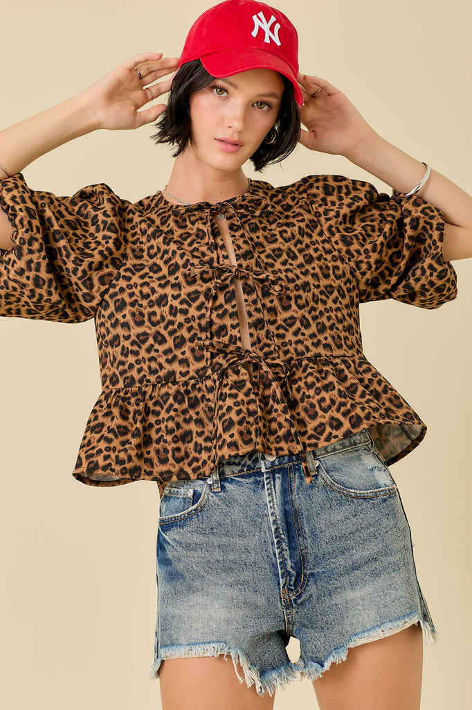 Leopard Tie Front Top