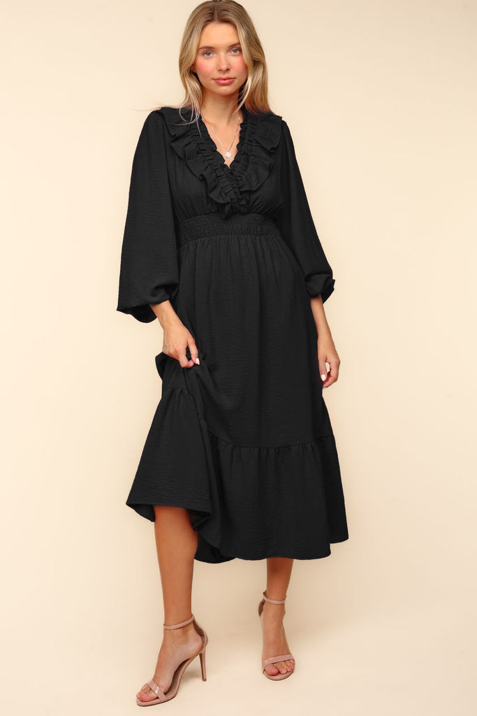 Black Overlap Ruffle Dress