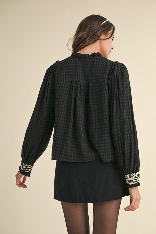 Black Gingham Embroidered Top
