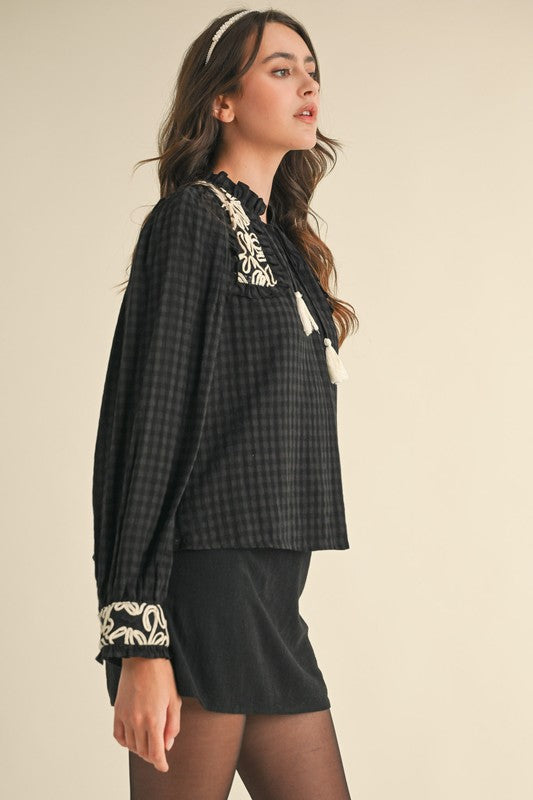 Black Gingham Embroidered Top