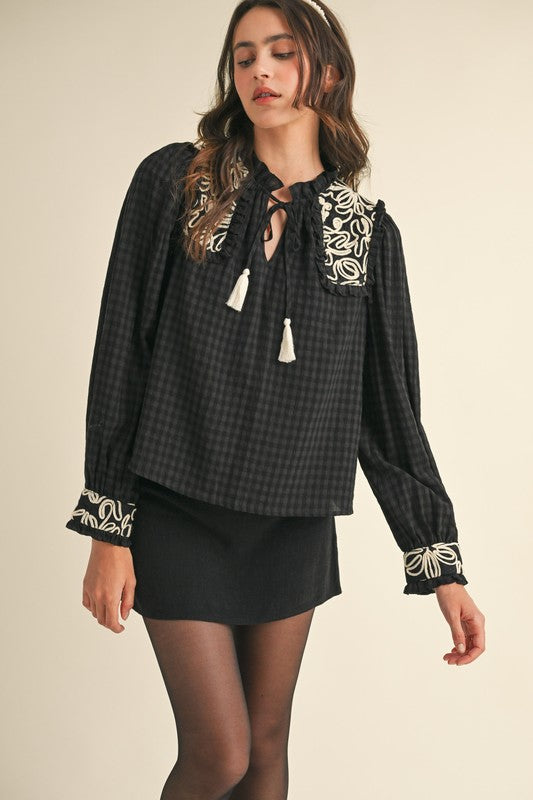 Black Gingham Embroidered Top