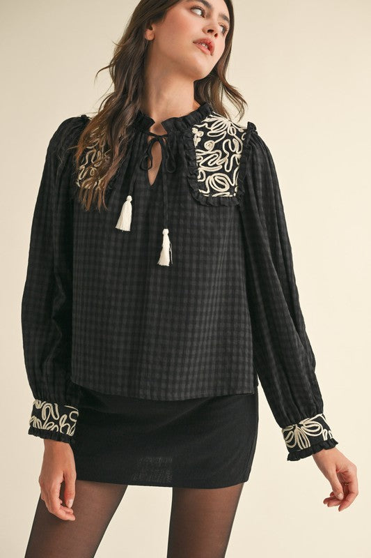 Black Gingham Embroidered Top