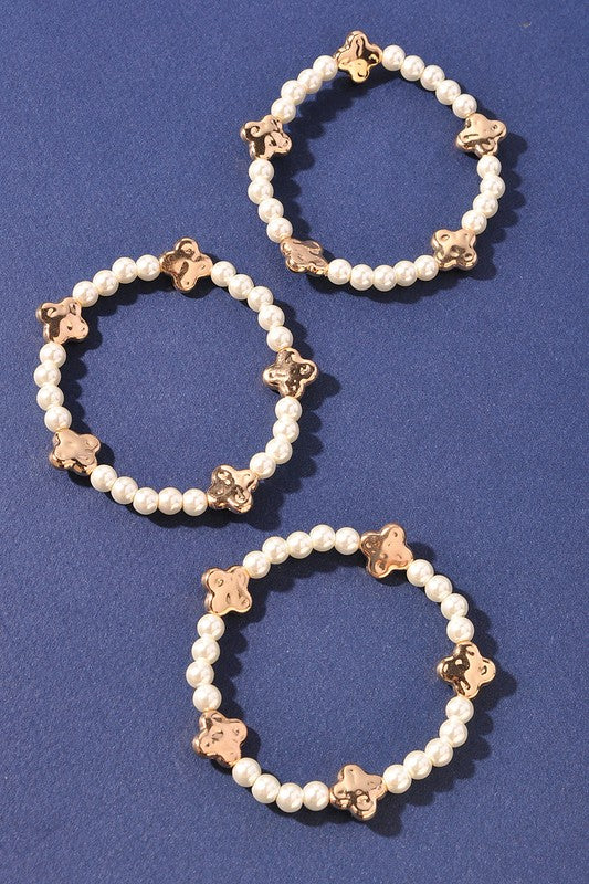 Triple Clover Faux Pearl Bracelet Stack