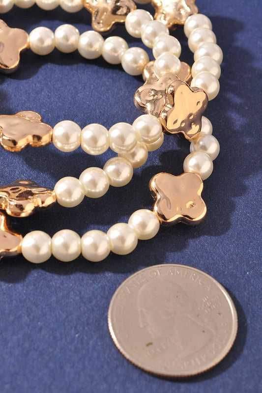 Triple Clover Faux Pearl Bracelet Stack