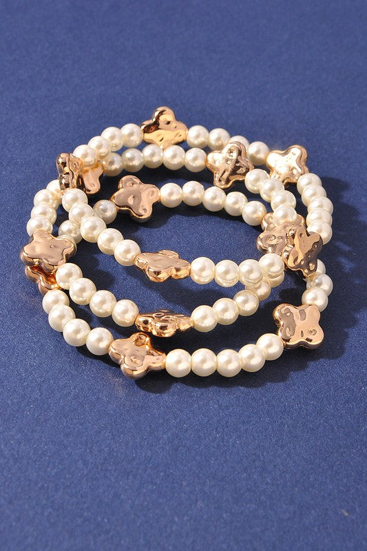 Triple Clover Faux Pearl Bracelet Stack