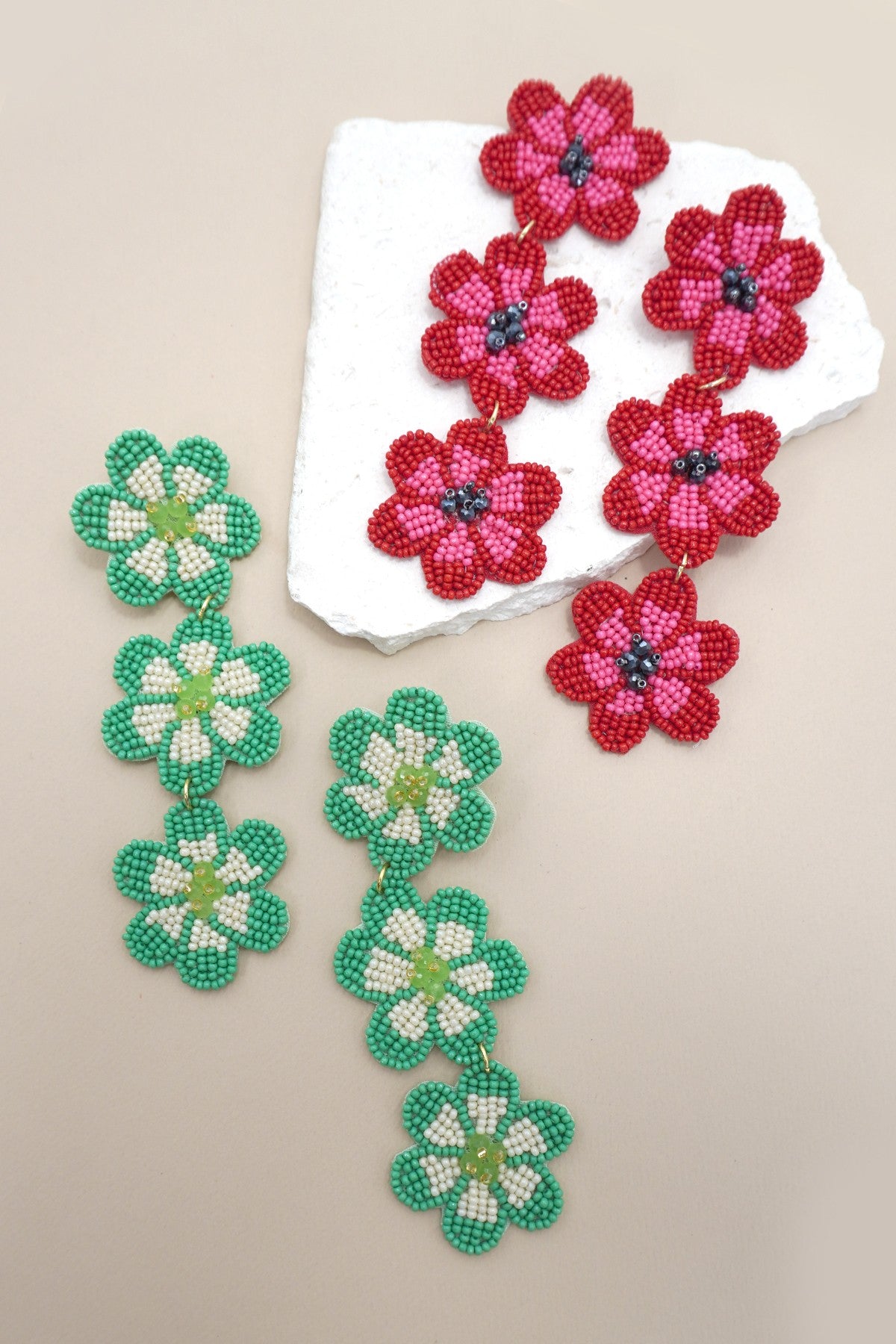 seed bead flower earrings Triple Flower Seed Bead Earrings – Striped Box Boutique