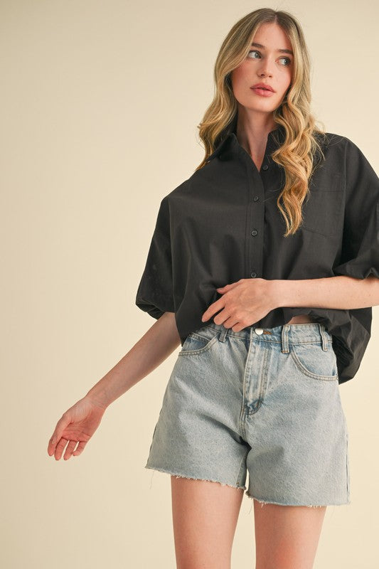 Cut Out Embroidered Bubble Sleeve Top