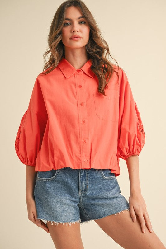 Cut Out Embroidered Bubble Sleeve Top