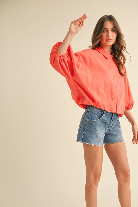 Cut Out Embroidered Bubble Sleeve Top