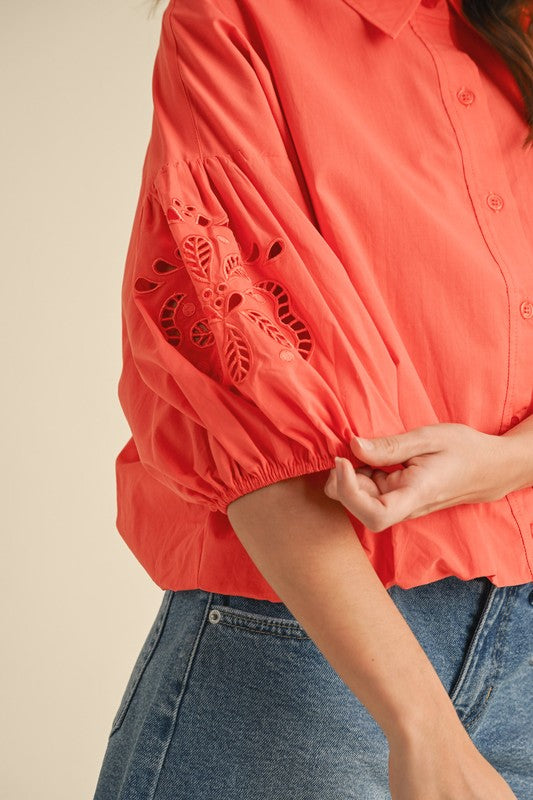 Cut Out Embroidered Bubble Sleeve Top