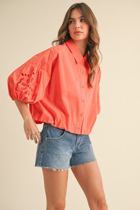 Cut Out Embroidered Bubble Sleeve Top