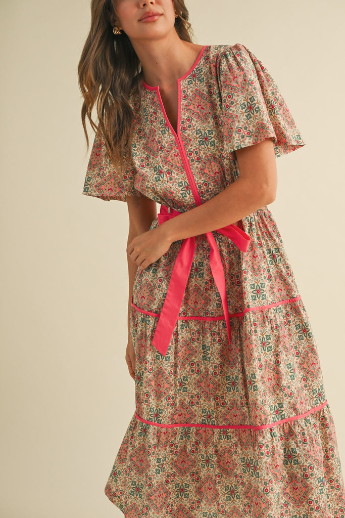 Coral Mosaic Floral Dress