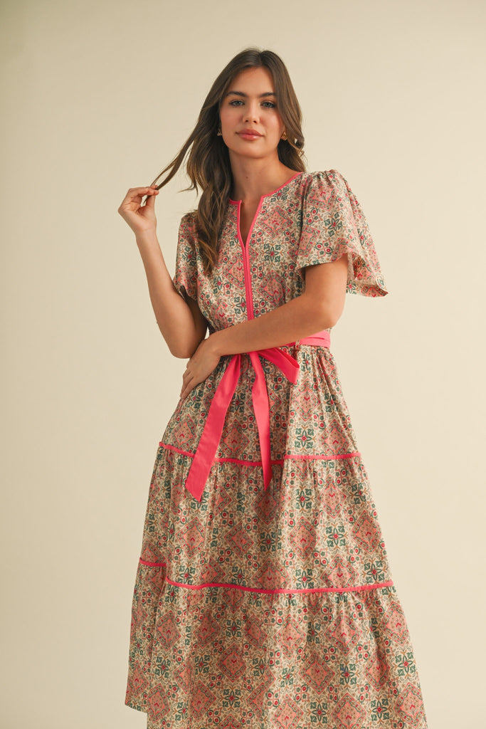 Coral Mosaic Floral Dress