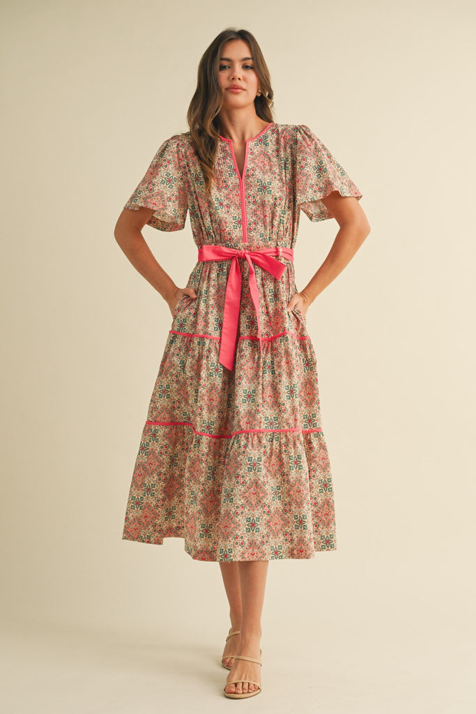 Coral Mosaic Floral Dress