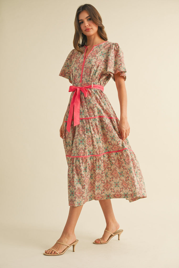 Coral Mosaic Floral Dress