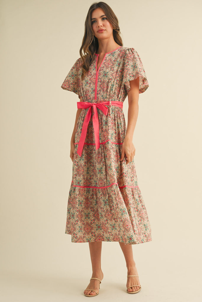 Coral Mosaic Floral Dress