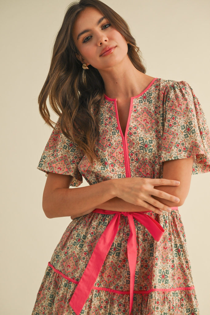 Coral Mosaic Floral Dress